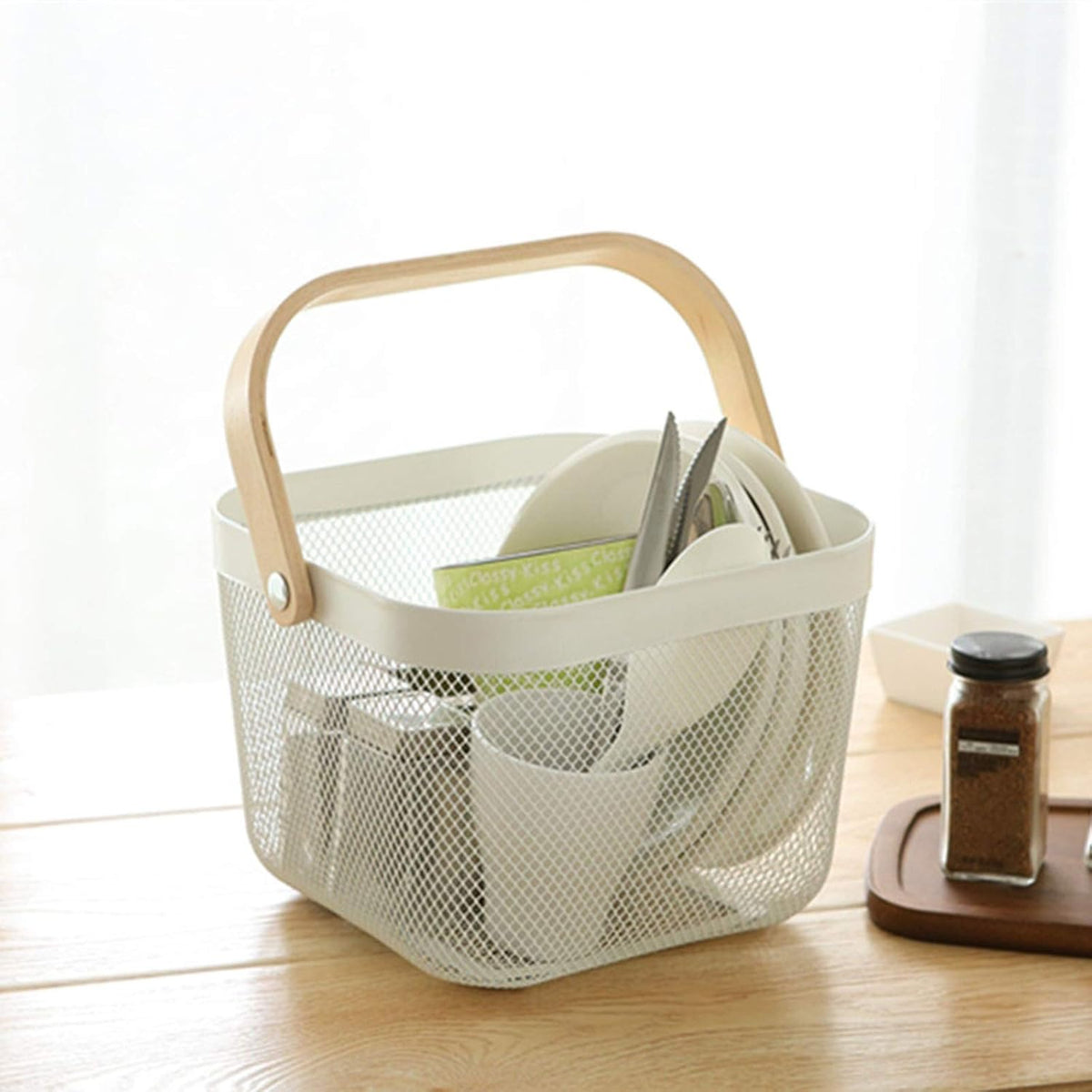 Metal Mesh Steel Basket, Storage Organizer Basket Multi-functional Hanging Kitchen Baskets Fruit Basket Bin with Bamboo Handle for Kitchen Bathroom Picnic Shopping Decor Cabinet Home, White