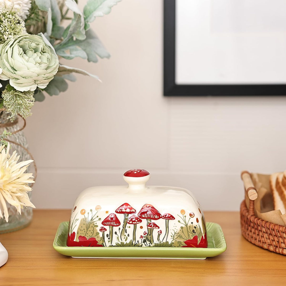 Fungi Fun Mushroom Butter Dish With Lid – Cute Cottagecore Ceramic Storage Container, Vintage French Covered Tray, Boho Farmhouse Kitchen Decor Gift, Unique Countertop Holder (White, Standard)