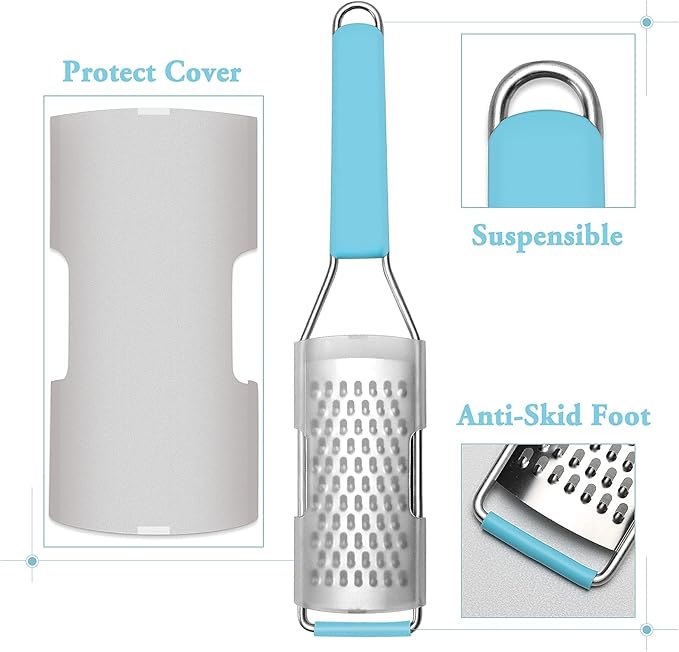 Cambom Lemon Zester Grater Three-piece Suit - Heavy Duty Kitchen Tool for Parmesan Cheese, Ginger, Garlic, Nutmeg, Chocolate, Vegetables,Fruits,Stainless Steel Grater Dishwasher Safe Blue