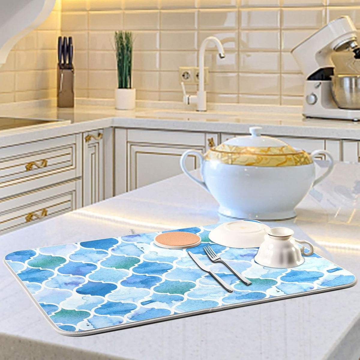 senya Super Absorbent Dish Drying Mat, Microfiber Fast-Drying Dish Mat, 24' x 18', Kitchen Dish Drying Pad, Watercolour Moroccan Background, 18x24in, (g295080316p523c558s1114)