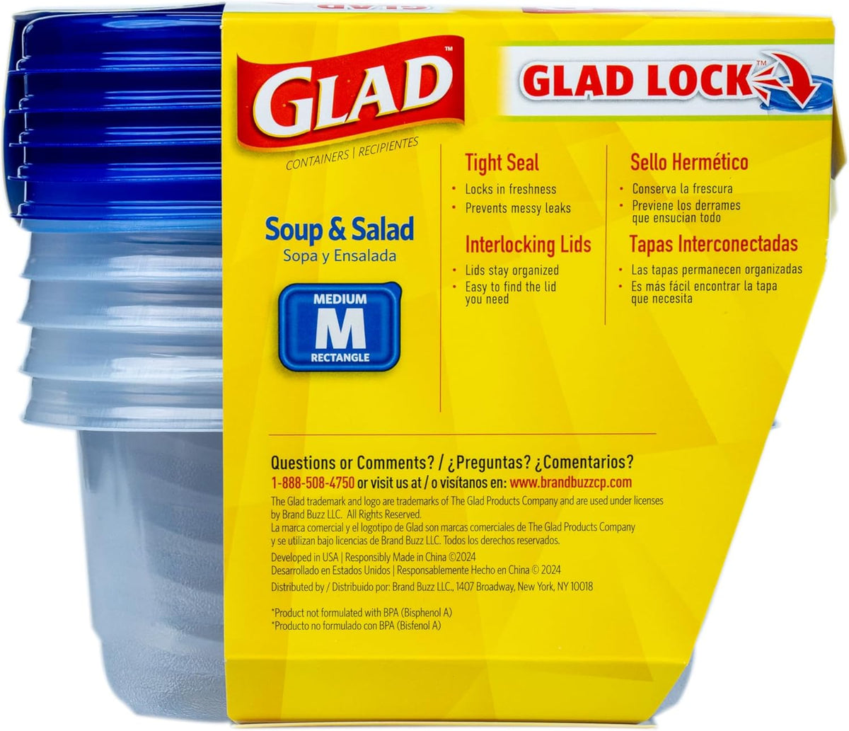 Glad GladWare Soup & Salad Food Storage Containers - Medium Rectangle - Meal Container Holds up to 24 Ounces of Food - Lock Tight Seal, 5 Count