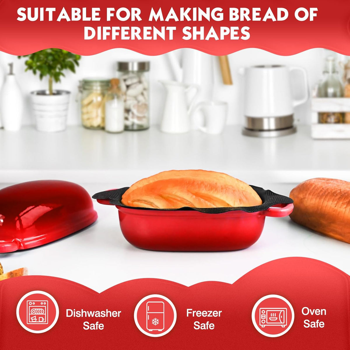 Dutch Oven for Bread Baking - 2.5QT Bread Pans for Homemade Bread with Perforated Non-Stick Silicone Liner Cast Iron Bread Pan Dutch Oven Loaf Pan with Lid and Loop Handle for Homemade Breadmaking,Red