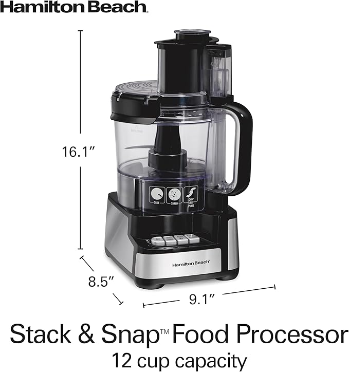 Hamilton Beach Stack & Snap Food Processor and Vegetable Chopper, BPA Free, Stainless Steel Blades, 12 Cup Bowl, 2-Speed 450 Watt Motor, Black (70725A)