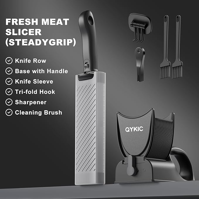 Fresh Meat Slicer with SteadyGrip, Thickness Adjustable 2 or 4 mm, 17 IN 1 Stainless Steel Manual Meat Cutter, Cleaver Kitchen Knife, Jerky Slicer Suit for Chicken Breast Beef Pork (Black)