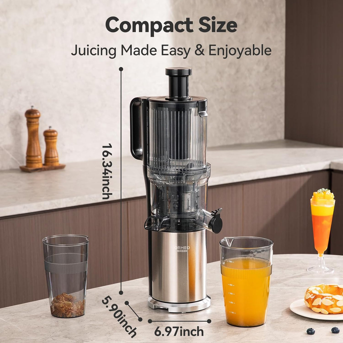 Juicer Machines,ORMEO HOME Cold Press Juicer with Large Feed Chute Fit Whole Fruits & Vegetables,Slow Masticating Juicer With Pulp Seperation,99% Juice Purity,200W Quiet Motor,Easy to Clean,BPA Free