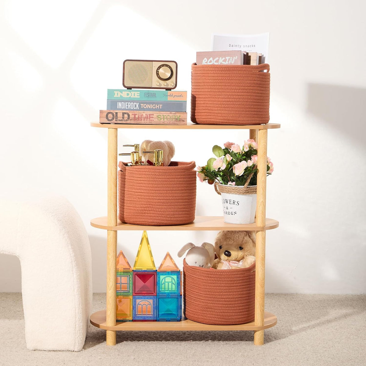 Small Basket for Organizing | Cube Shelf Closet Storage Baskets | 9.7×9.7×7.1” | Woven Rope Gift Basket | Nursery | Round 3 Packs Oxide Red