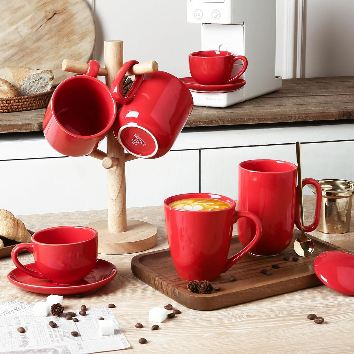 vicrays Ceramic Coffee Mug Set - 18 Ounce Large Stoneware Mug for Men Women - Unique Glazed Porcelain Mugs with Handle for Coffee Latte Tea Milk Cocoa - Set of 4 (Red)