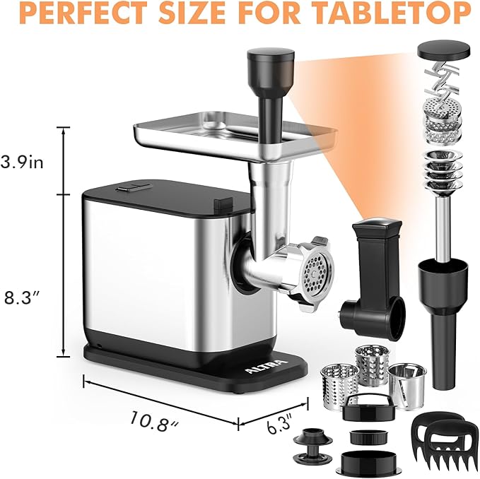 #8 Meat Grinder, 3200W Max Electric Heavy Duty Sausage Stuff, Rotary Cheese Grater with 3 Interchangeable Blades, 2 Blades, 3 Plates, 4 Sausage Tubes, Kibbe, Burger Press & Meat Claws