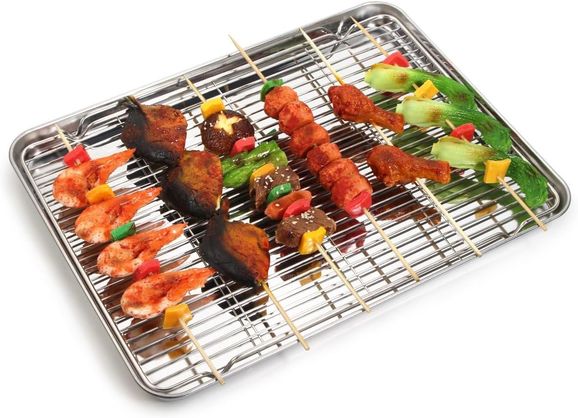 Baking Sheet with Cooling Rack Set (2 Pans + 2 Racks), Yododo Stainless Steel Baking Pan Cookie Sheet Cookie Pan with Rack, Size 16 x 12 x 1 Inch, Mirror Finish & Non Toxic & Heavy Duty & Easy Clean
