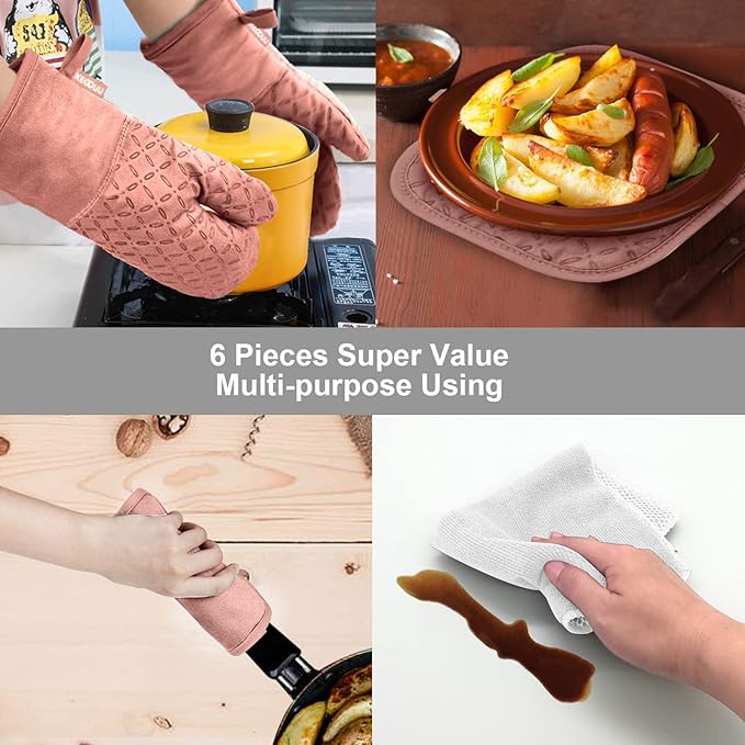 KEGOUU Oven Mitts and Pot Holders 6pcs Set, Kitchen Oven Glove High Heat Resistant 500 Degree Extra Long Oven Mitts and Potholder with Non-Slip Silicone Surface for Cooking (Pink)