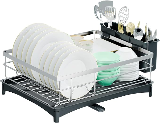 Dish Drying Rack, Large Capacity Dish Drainers for Kitchen Counter with Removeable Cutlery Holder, Rustproof & Sturdy Auto-Drain Multifunctional Organizer for Plates,Cups,knife fork Storage Essentials