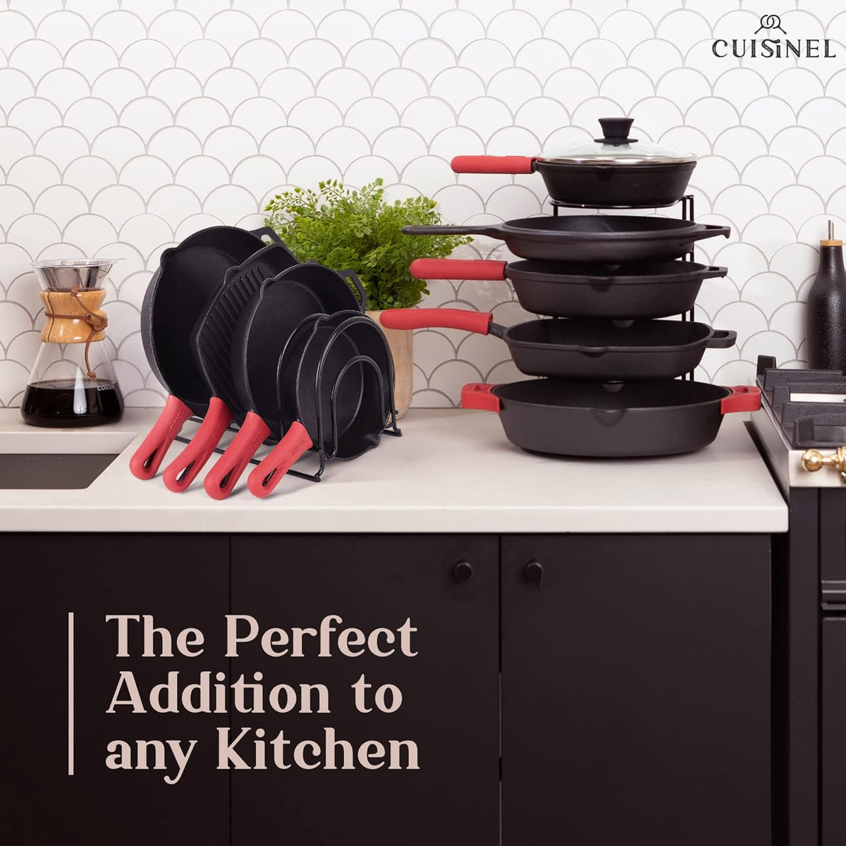 Cuisinel Pots and Pans Organizers - 2-Pack of Silicone-Coated Non-Slip 12" Heavy Duty Skillet Rack - Kitchen Organization Storage - Holds Cookie Sheets, Cutting Boards, Cast Iron Cookware, Dish Stand