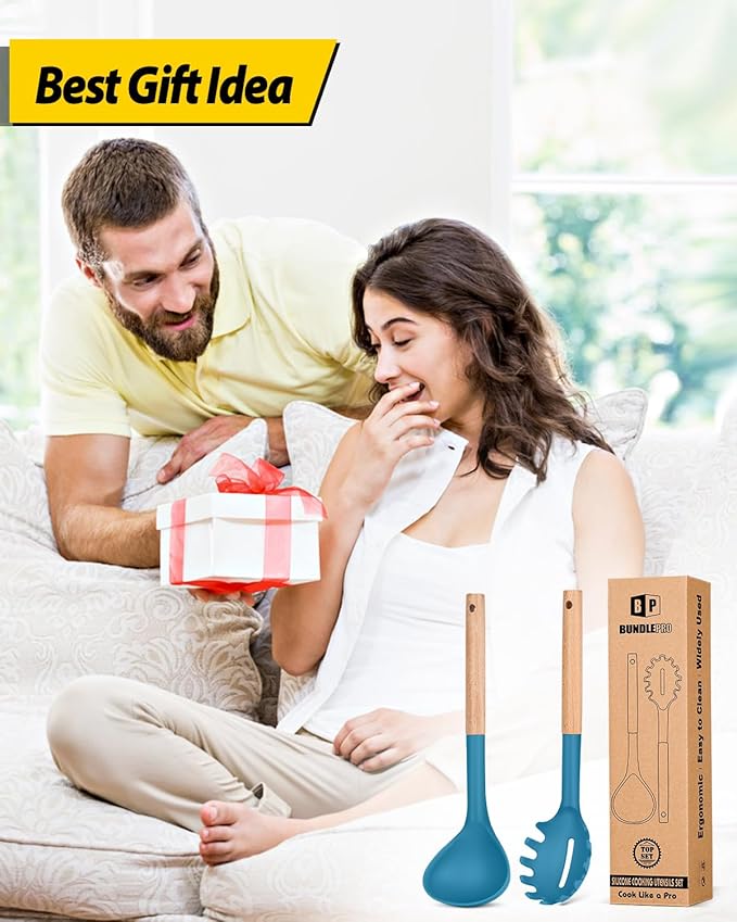 Silicone Pasta Fork and Ladle Spoon Set with Wooden Handle, Heat Resistant Non Stick Kitchen Utensils for Cooking, Stirring, Serving Spaghetti, Soup, Sauce(BLUE)