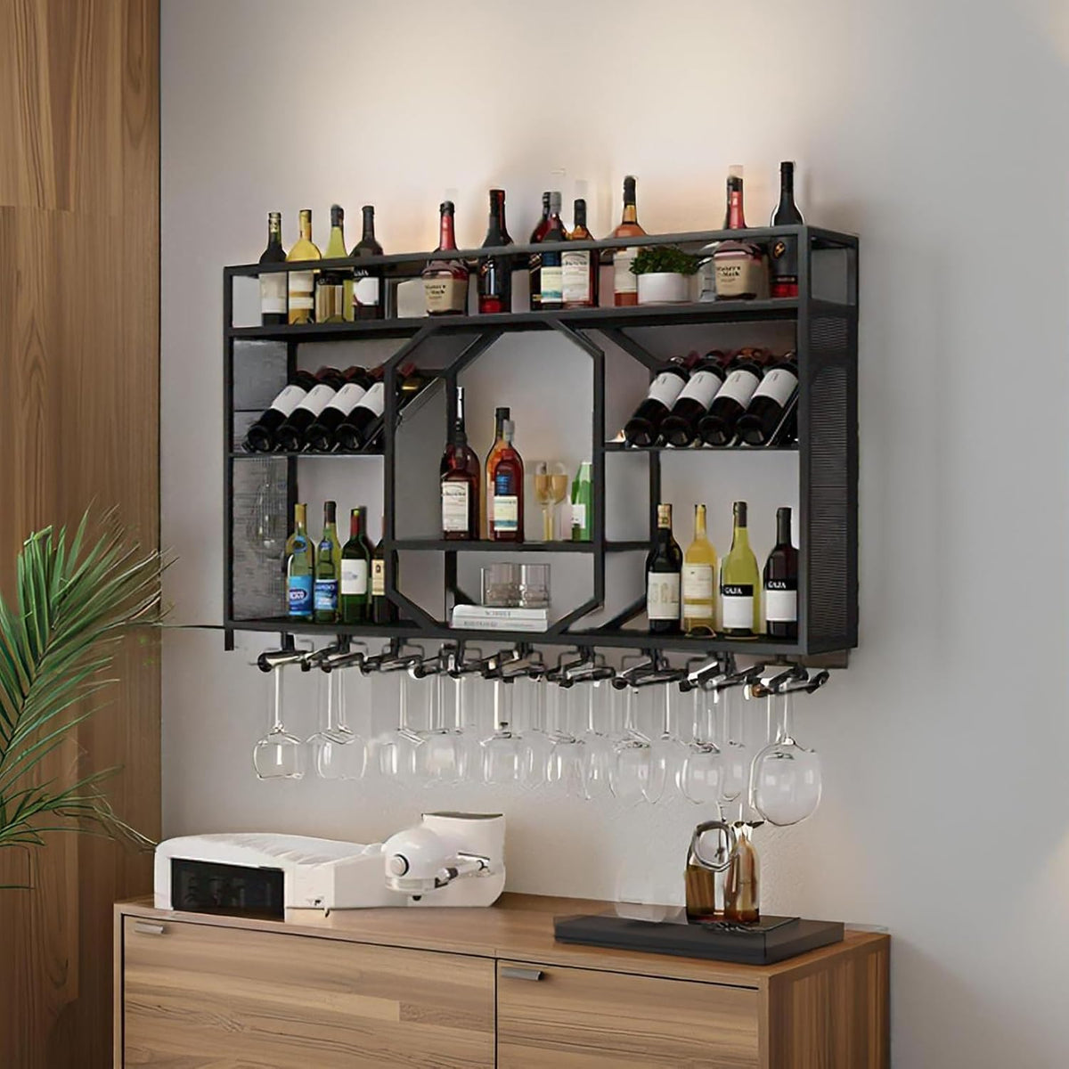 Wall Mounted Wine Rack, 3-Tiers Metal Bar Bottle Holder, Modern Wine Glass Storage Display Shelves, Wall Wine Rack for Kitchen Bar Dining Rooms Decoration (Gold, 63in/160cm)