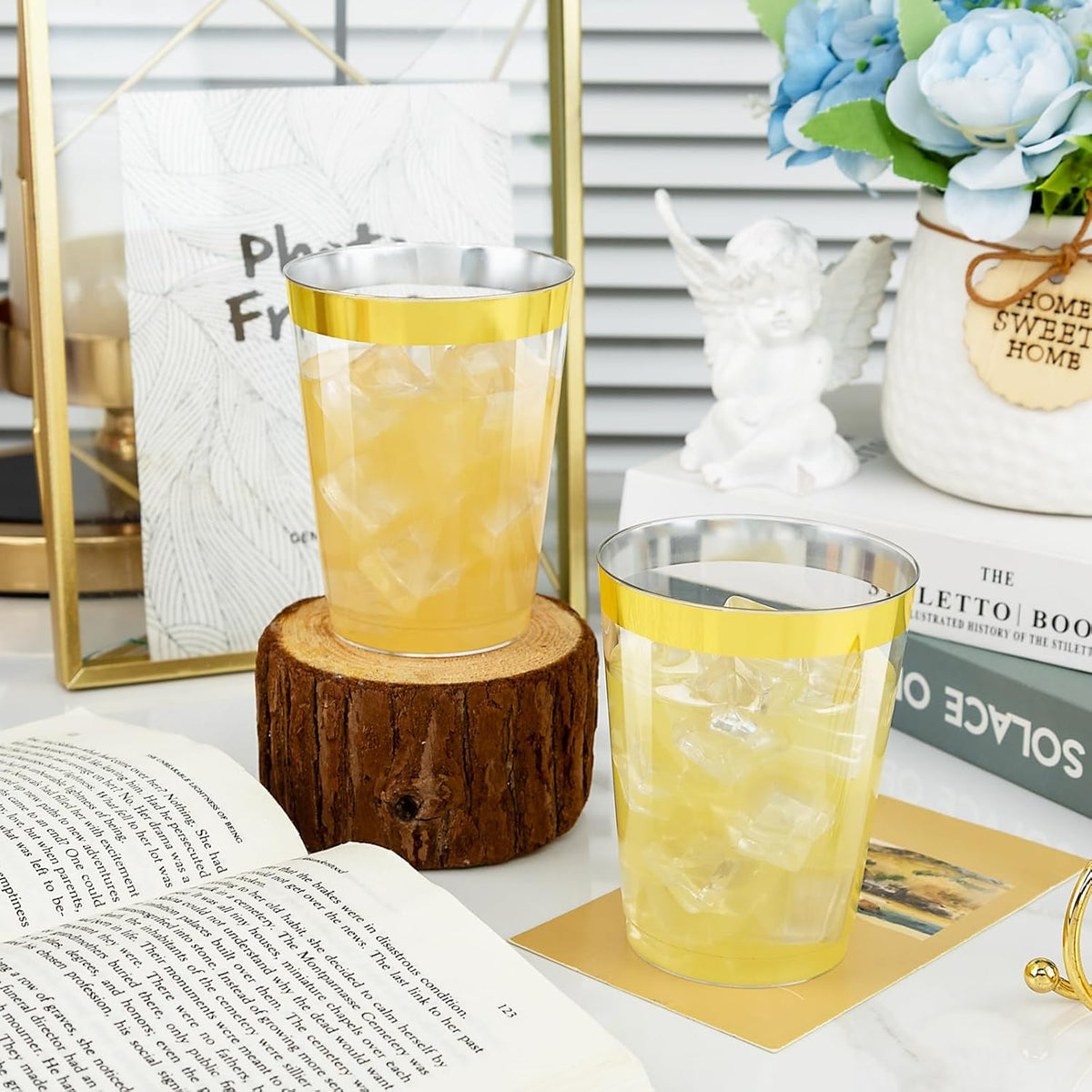I00000 60PCS Gold Plastic Cups, 10 oz Clear Disposable Cups with Golden Trim, Heavy-Duty Disposable Hard Plastic Wine Glasses Cocktail Glasses Perfect for Wedding & Party