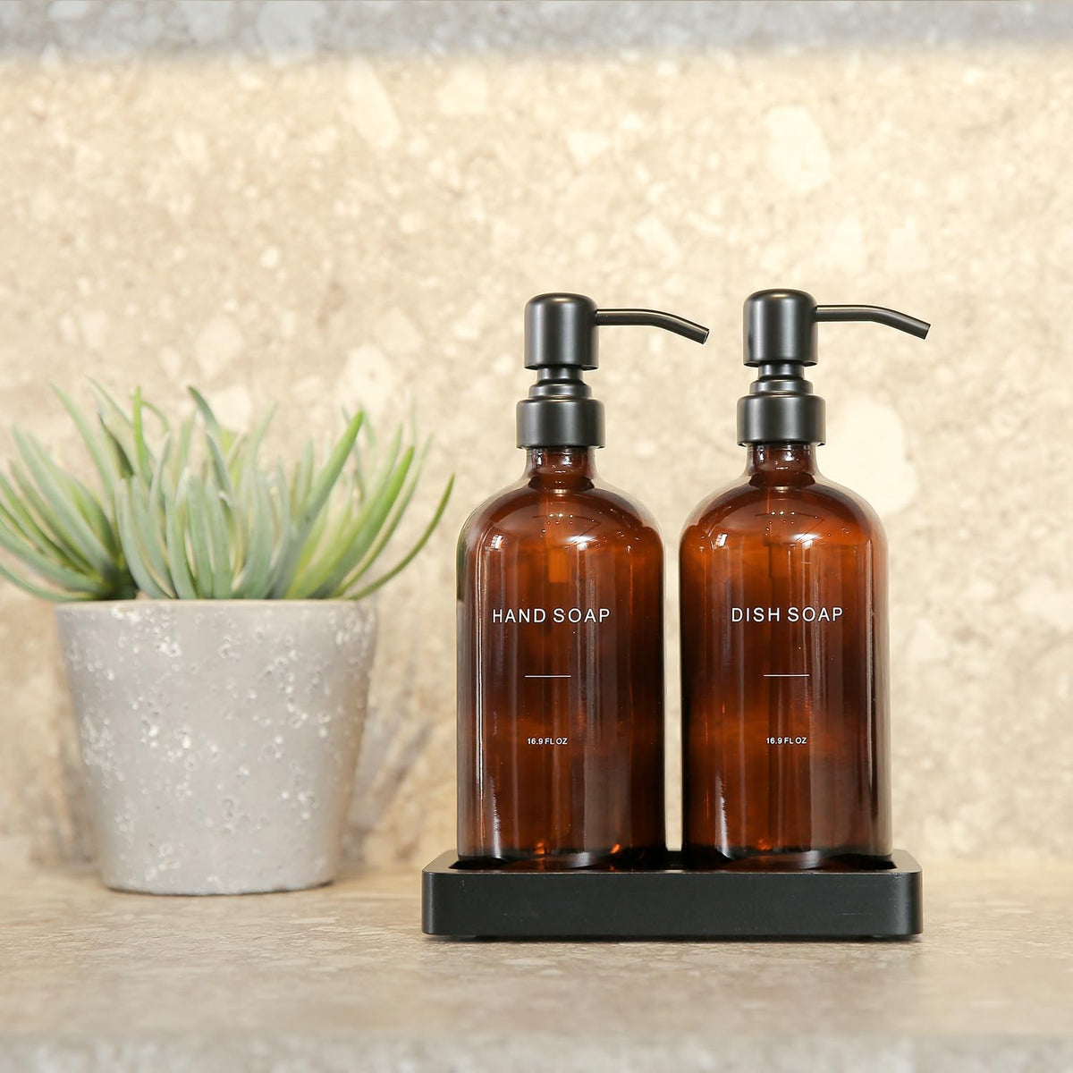 Amber Soap Dispenser Set, Soap Dispenser for Kitchen Sink with Black Stainless Steel Pump, Perfect for Kitchen Accessories Decor. (Amber)