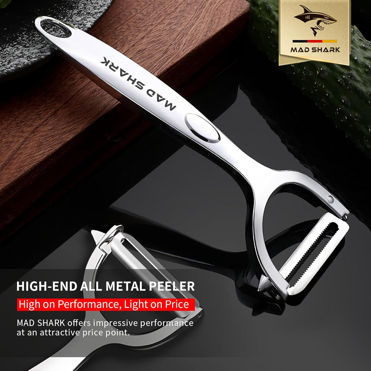 MAD SHARK Ultra Sharp Vegetable Peelers for Kitchen Fruit Apple Potato Peelers,Design with Ergonomic Non-Slip Handle, Y-Shaped Stainless Steel Serrated(Flat&Serrated Blade 2pc)