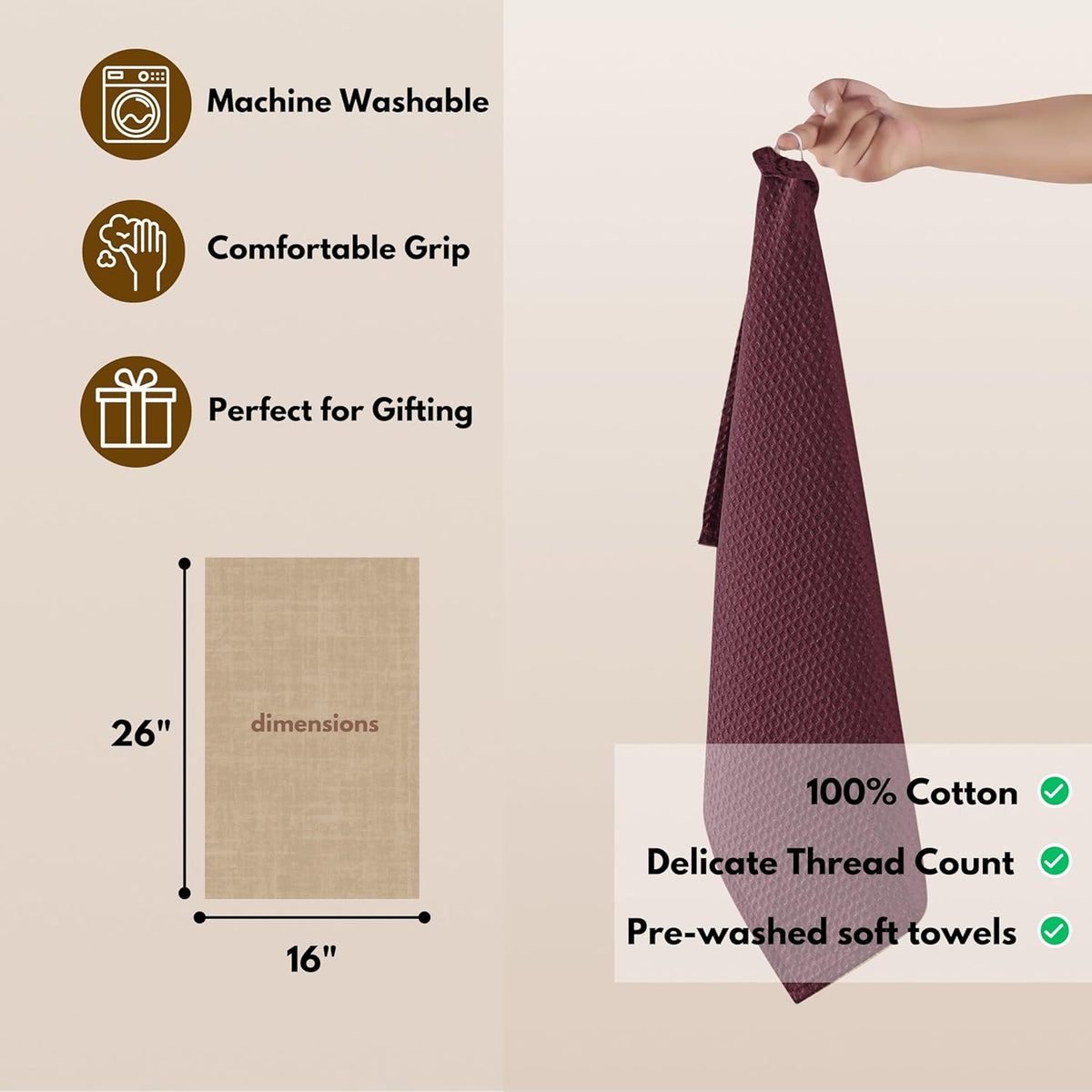 Native Fab Cotton Kitchen Towel with Hanging Loop 16x26 inches, 12-Pack, Waffle Weave Kitchen Towels for Cleaning Drying, Washcloths Soft & Absorbent Cloth Rags, Bar Towel, Dish Cloth, Burgundy Wine