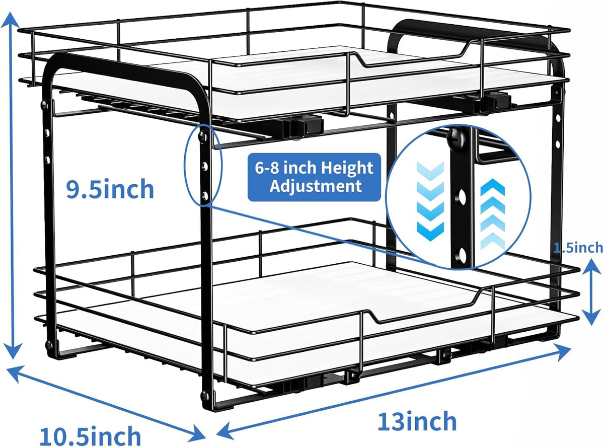 2-Tier Pull Out Spice Rack, Spice Rack Organizer, Pull Out Spice Racks for Inside Cabinets, Height Adjustable Heavy Duty Metal Basket for Inside Cabinet & Pantry (13.5''Wx10.5''Dx9.5''H)