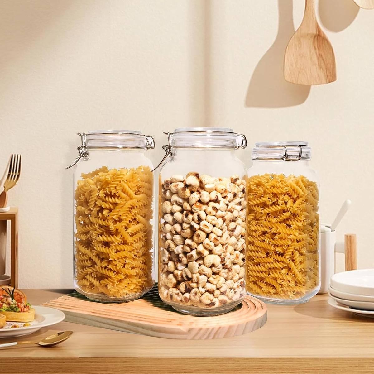 Glass Jars with Airtight Lid, Large Glass Food Storage Jars, 3 Pack Wide Mouth Airtight Glass Jars ffor Flour, Cereal, Coffee, Pasta and Canning(70OZ)