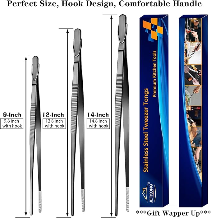 JETKONG 3Pcs Extra Long Kitchen Tweezers Heavy Duty Stainless Steel Cooking Tweezers (9 12 14 Inch, Black)
