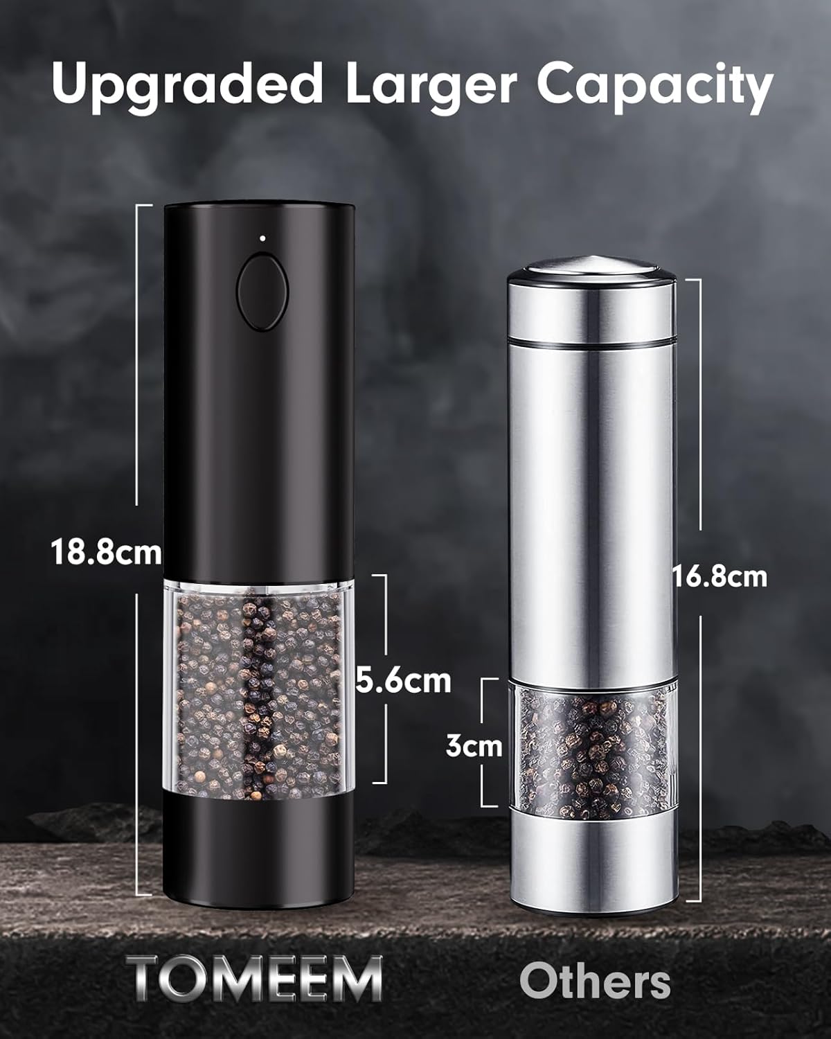 TOMEEM Upgraded Larger Capacity Electric Salt and Pepper Grinder Set Rechargeable with LED lights, Stainless Steel Automatic Pepper and Salt Grinder Refillable with 5 Adjustable Coarseness Black