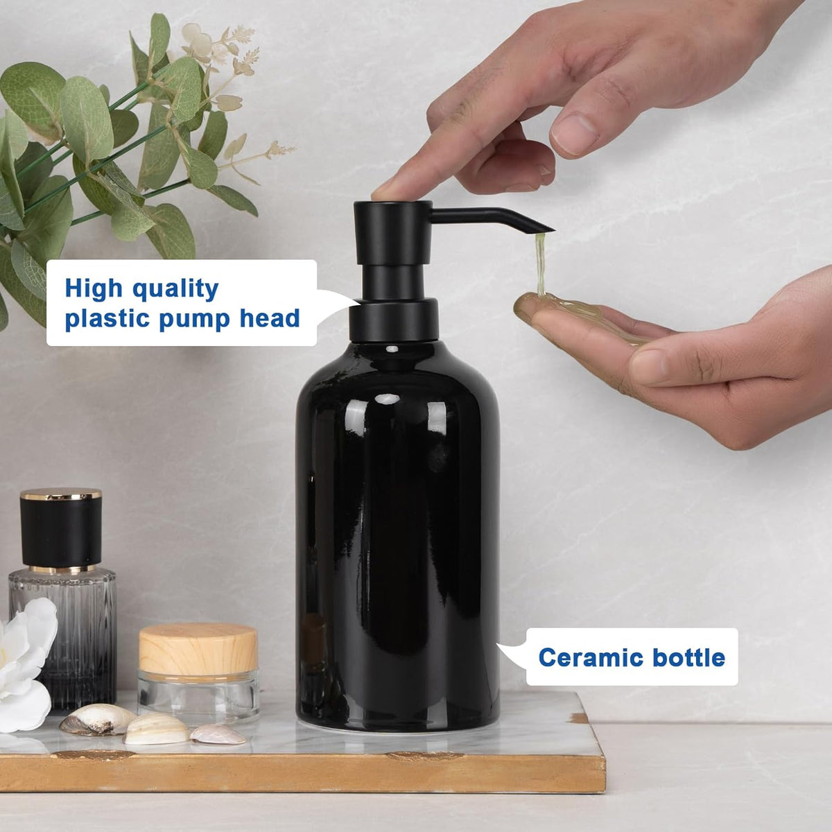 Ceramic Black Soap Dispenser Bathroom, 2 Pcs 16.9oz Hand Soap Dispenser for Kitchen, Hotel