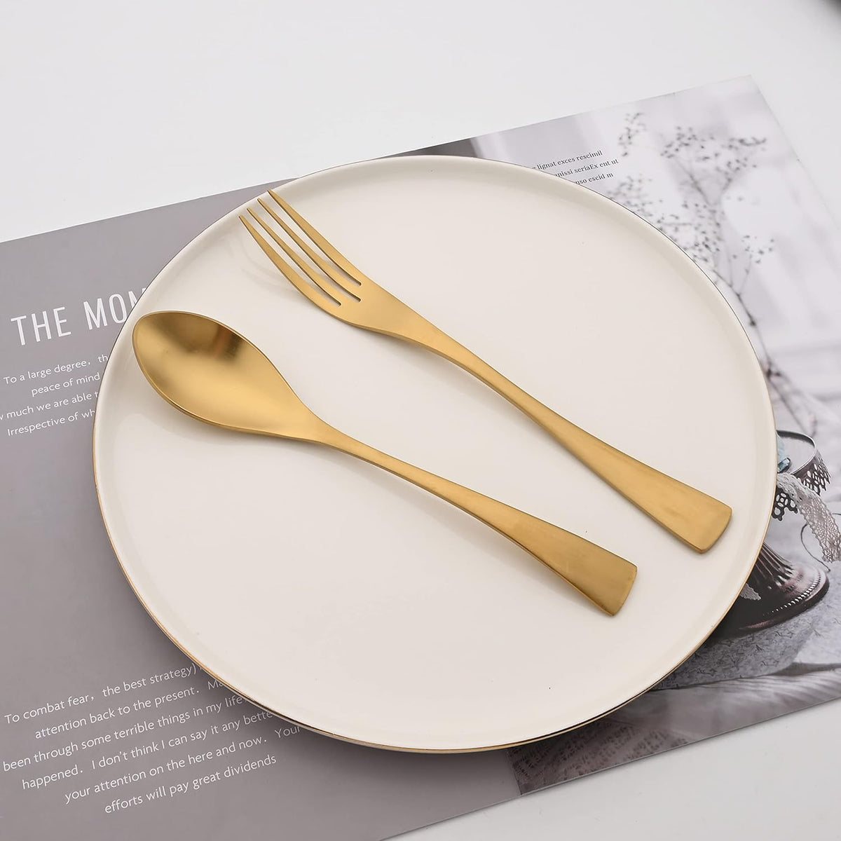 Golden Silverware Set, 6 Pieces 304 Stainless Steel Eating Utensil Set with Gift Box, Include Knife, Forks and Spoons, Matte Polished Flatware Set for 1, Dishwasher Safe, Gold