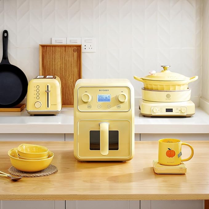 BUYDEEM F51 8-in-1 Air Fryer 4.2QT, Retro Countertop Airfryer Oven with Visible Window, Shake Reminder, One-touch Control with LCD Display, Mellow Yellow
