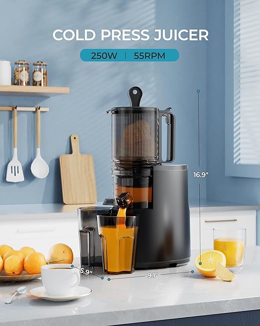 Cold Press Juicer, EUHOMY 5.4" Extra Large Feed Chute Slow Masticating Juicer, 250W Juicer Machines, 99.6% High Juice Yield,for Whole Vegetables & Fruits, Reverse Function, Easy to clean.Black