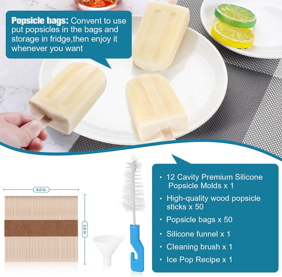 Silicone Popsicles Molds,Ice Pop Cream Mold Set Homemade Toddler Popsicle Maker For Kids Para Paletas De Helado Kulfi BPA Free, with 50 Sticks, 50 Bags,50 wire Ties (Azure)