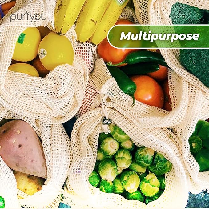 purifyou Set of 9 Reusable Organic Cotton Produce Bags – Heavy Duty Double-Stitched Mesh, Unbleached, Drawstring Closure – 2 XL (12x20), 5 L (12x14), 2 S (12x8)