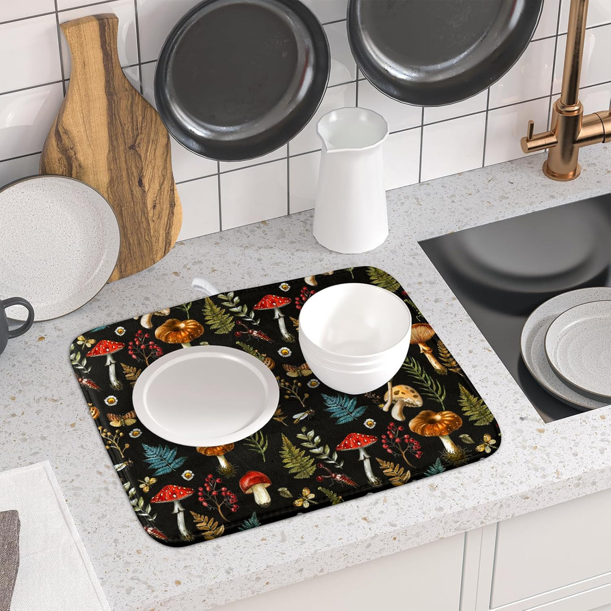 Mushroom Forest Dish Drying Mat Fern Leaves Black Drainer Mat for Kitchen Countertop 16 X 18 Inch