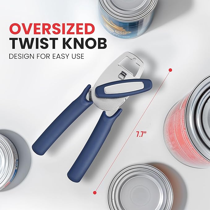 Zulay Kitchen Heavy Duty Stainless Steel Manual Can Opener – Ergonomic Soft Grip Handles, Smooth Edge Cutting Wheel & Large Built In Bottle Opener – Easy Turn Knob for Effortless Use - Blue