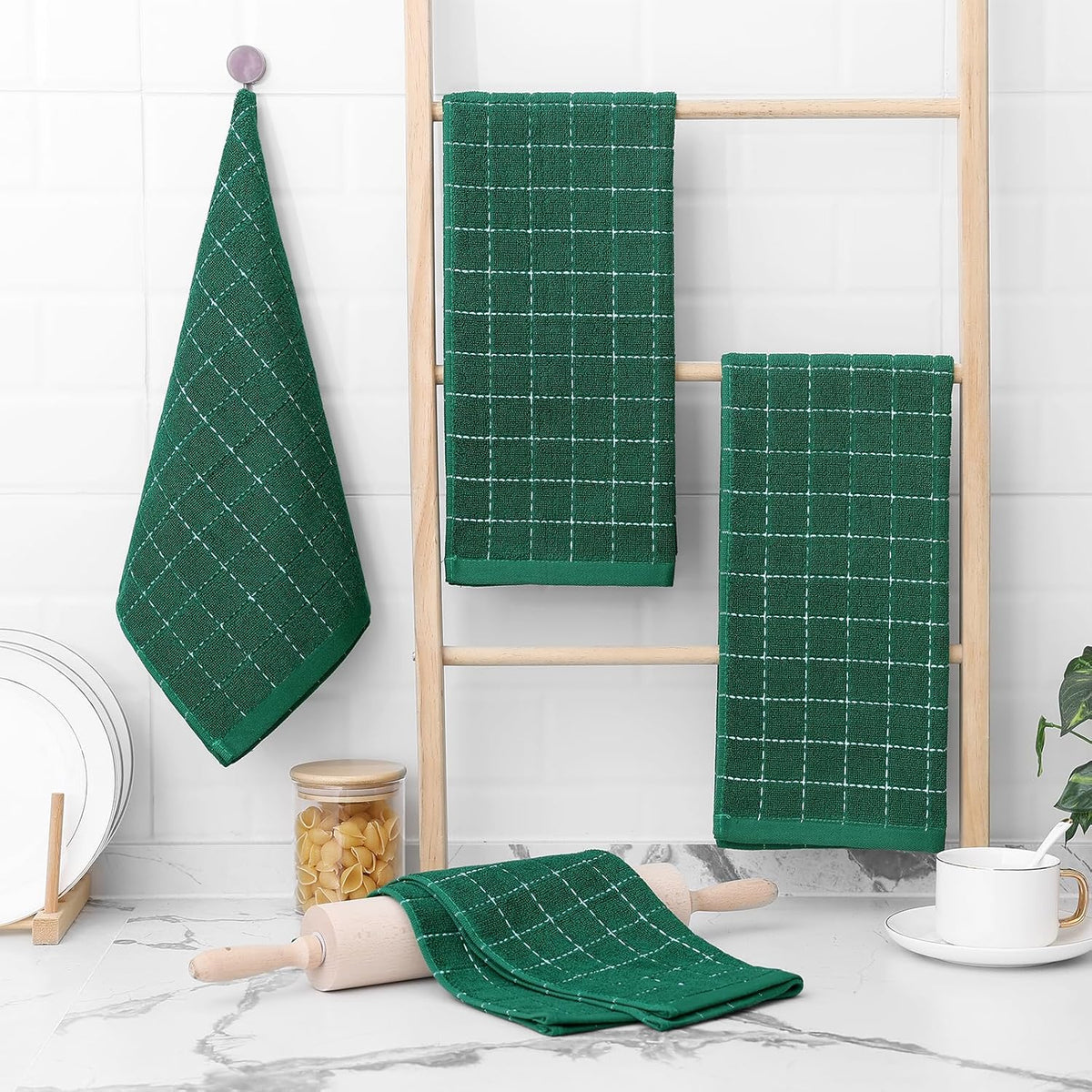 Homaxy 100% Cotton Terry Kitchen Towels(Dark Green, 13 x 28 inches), Checkered Designed, Soft and Super Absorbent Dish Towels, 6 Pack