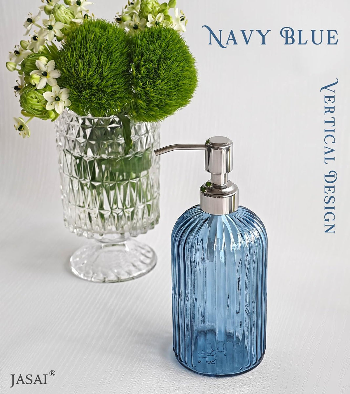 JASAI 18Oz Navy Blue Glass Soap Dispenser for Kitchen & Bathroom, Refillable Kitchen soap Dispenser with Vertical Stripe, Bathroom Soap Dispenser for Dispense Hand soap& Dish Soap.