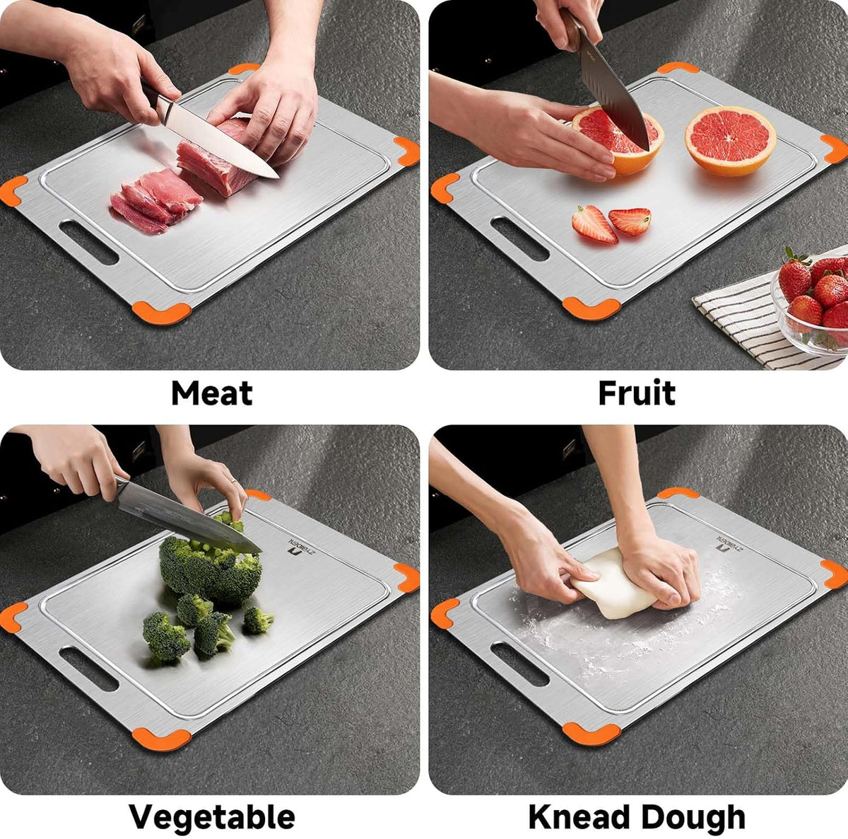 100% Pure Titanium Cutting Board with Grooves, Update Double Side Titanium Chopping Board, Silicone Anti-slip Stainless Cutting Boards for Kitchen 11 * 15 IN, Orange