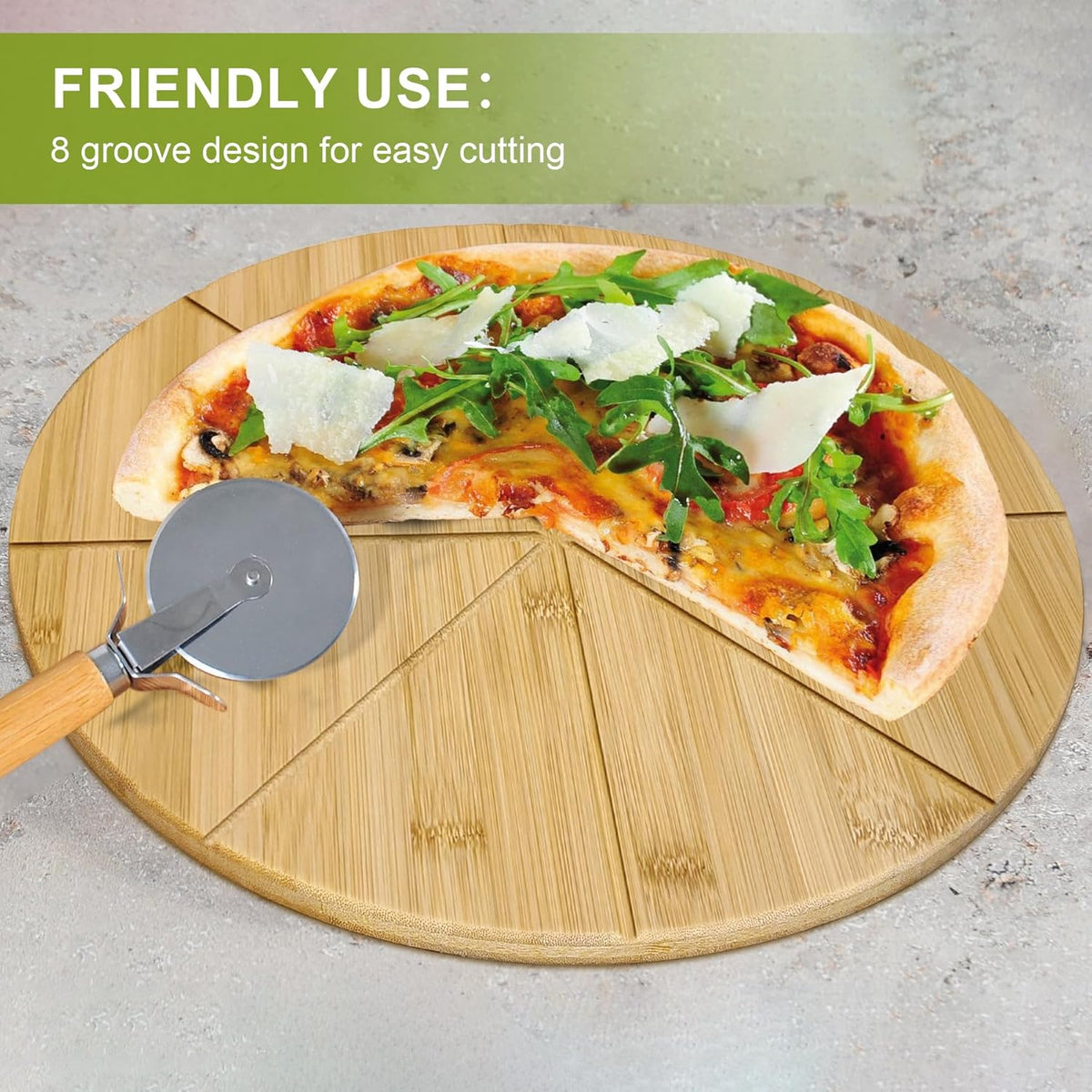 18" Pizza Cutting Board Extra Large Round Cutting Boards Double Sided 2XL 18inch Tray Pizza Oven Accessories Prep Board Paddle Wooden with Cutting Grooves Circular Circle Bamboo Serving Platter