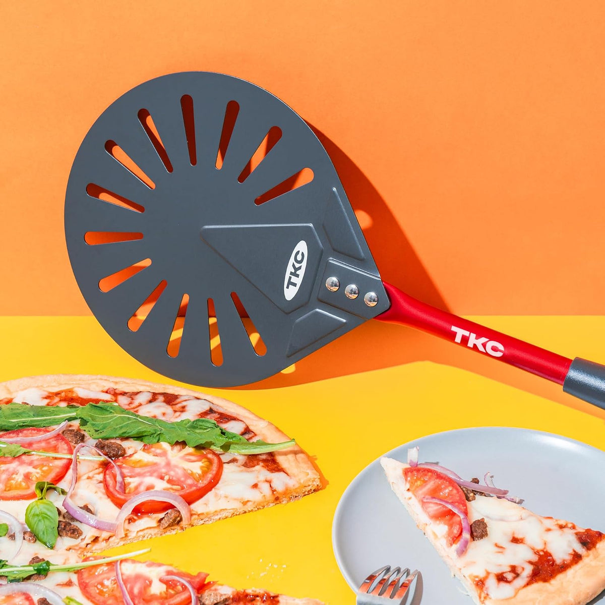 TKC 9" Perforated Pizza Peel, Professional Aluminum Pizza Turning peel, Long Handle Metal Pizza Spatula for Indoor and Outdoor, Lightweight Non-Stick Pizza Turner - Pizza Oven Accessories RED