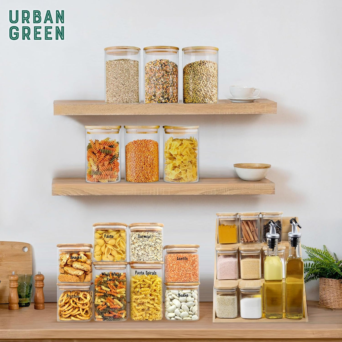 Urban Green Glass Jars with Airtight Lids, Airtight Glass Canisters with Locking Lids, (Bamboo-6P-24oz)