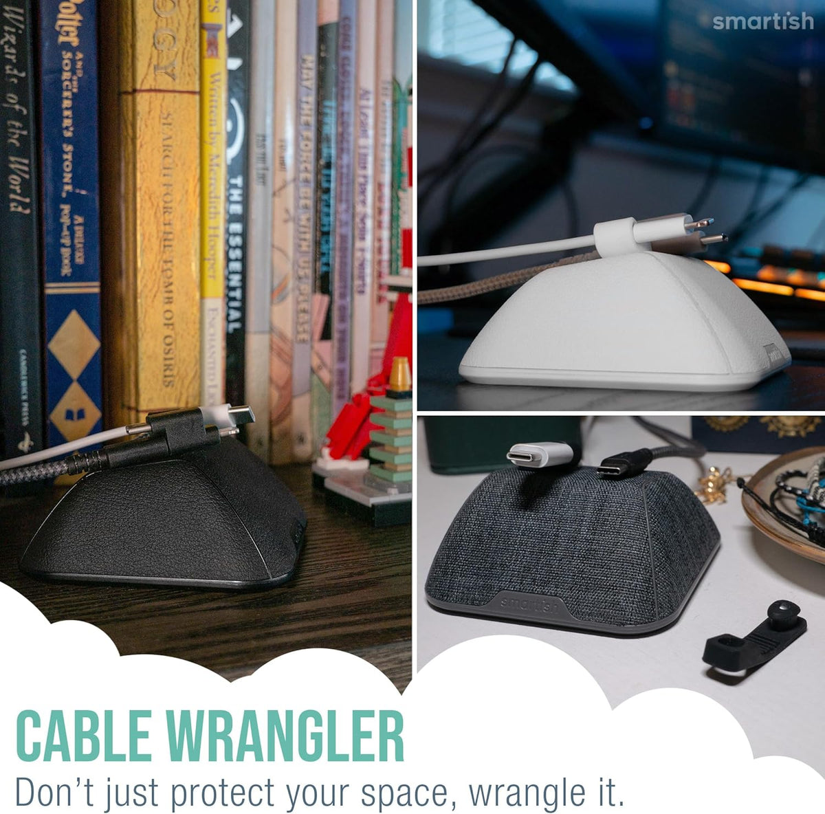 Smartish® Magnetic Cord Holder - Cable Wrangler Organizer with Magnet Clips for Charger Management on Desktop, Nightstand, or Side Table for All Cables, USB-C, Lightning Cables - Snow Day White