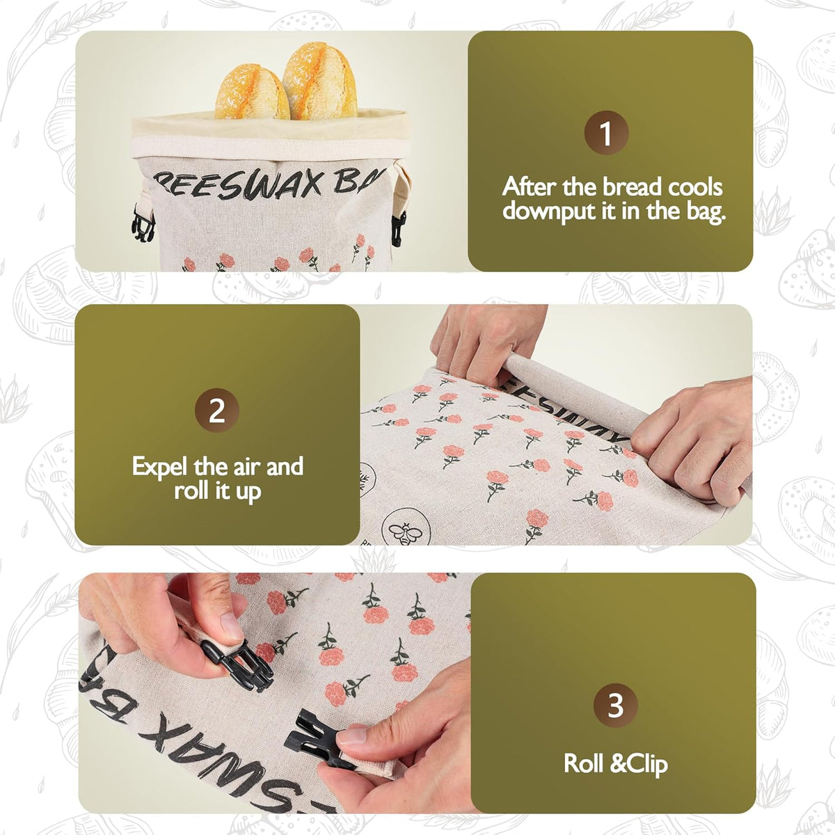3-Pack Reusable Beeswax Bread Bags for Homemade Bread Sourdough, 2 Natural Beeswax 100% Linen Moisture-proof Lined Storage Bags with Buckle& 1 Bowl Covers –Easy to Clean,Safe,Keeps Bakes Fresh Longer