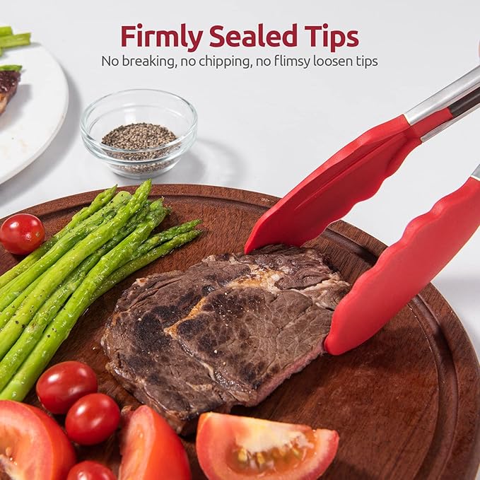 Heat Resistant Silicone Kitchen Tong: U-Taste 12 inch Large 480ºF Hot Proof Cooking Tong with Sturdy Non Stick Rubber Tips & Silicon Coated Steel Handle & Smooth Locking for Serving Grill Salad (Red)