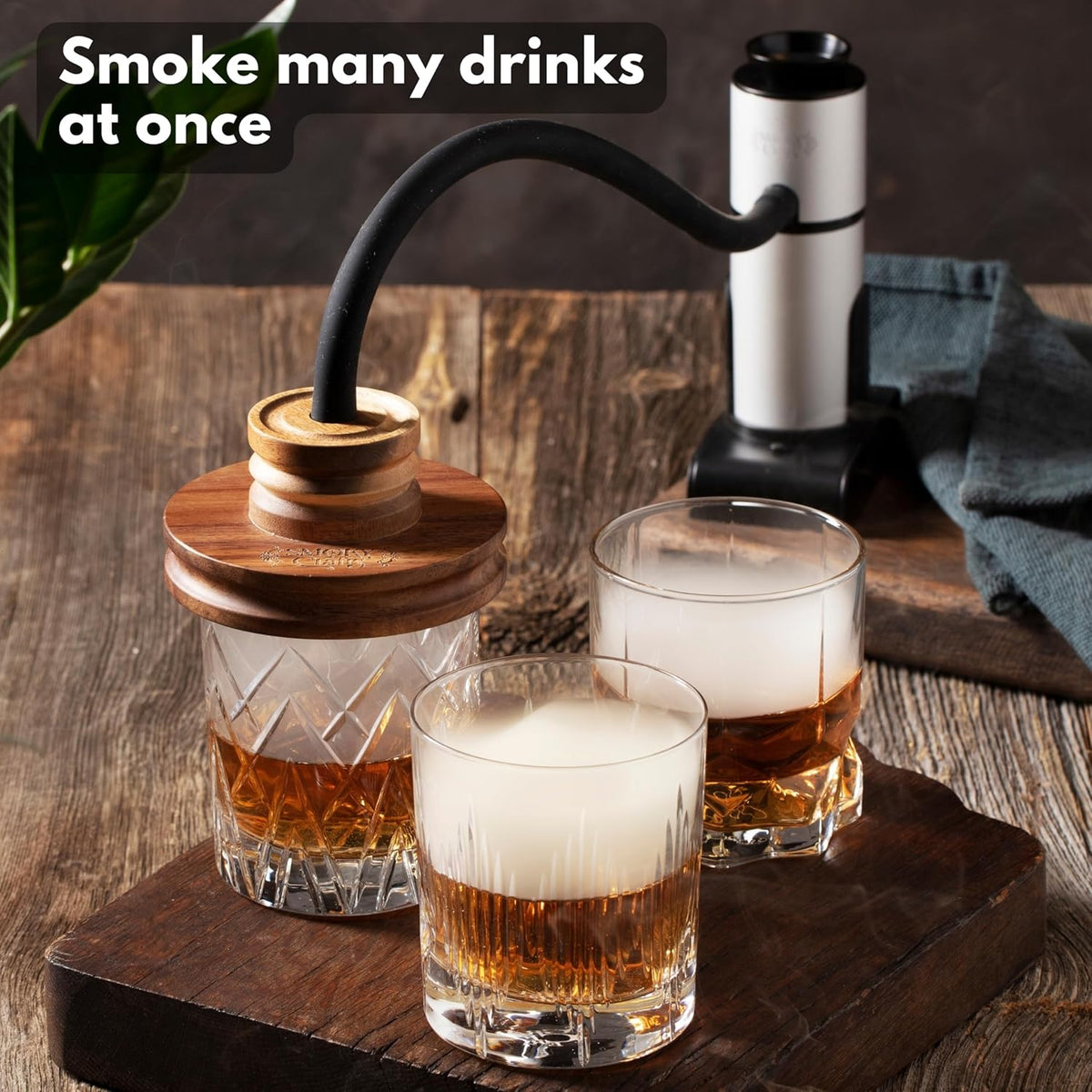 Food and Drink Smoker Kit with Smoke Gun, 8" Smoking Cloche Glass Dome, Acacia Cocktail Smoke Top and Wood Chips (Apple & Cherry) - Whiskey Smoker Kit - Gifts for Men (Torch Not Required)
