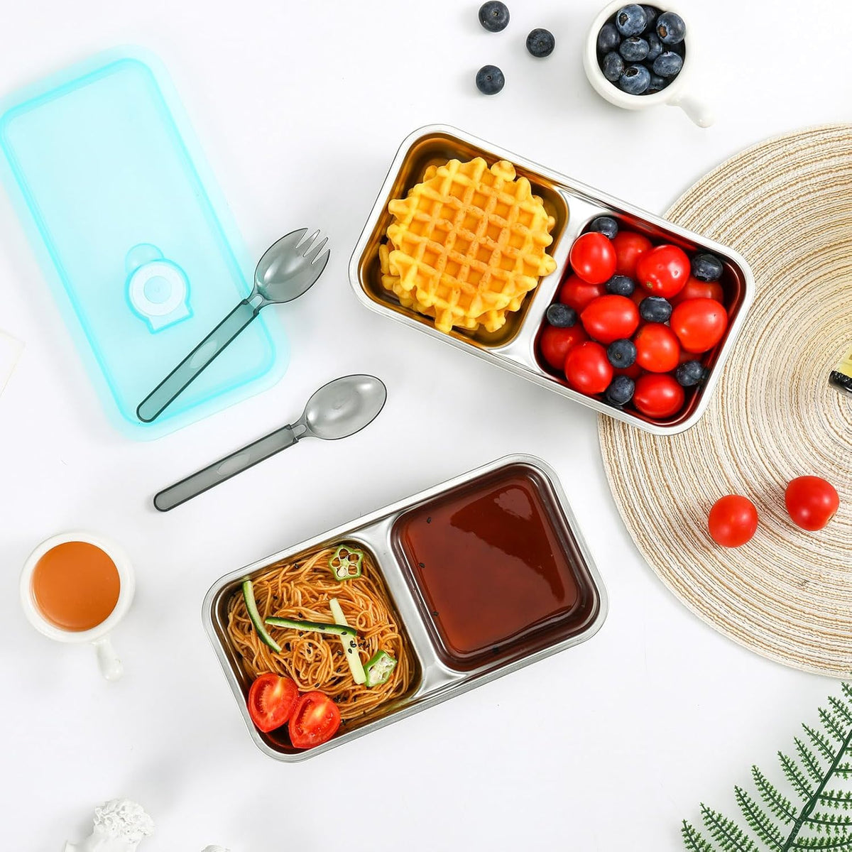 304 Stainless Steel Bento Boxes with Lids, 2pcs Leakproof Double Compartment Snack Containers, Reusable Food Storage Containers for Lunch, Travel & Camping