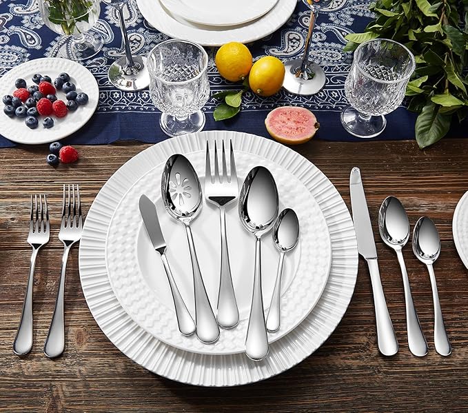 KEAWELL Premium Verona 4-Piece 9 inch Spoon Set – 18/10 Stainless Steel, Heavy-Duty Mirror-Finished Flatware for Daily Meals, Hosting and Special Occasions (4, Serving Spoons and Slotted Spoons)