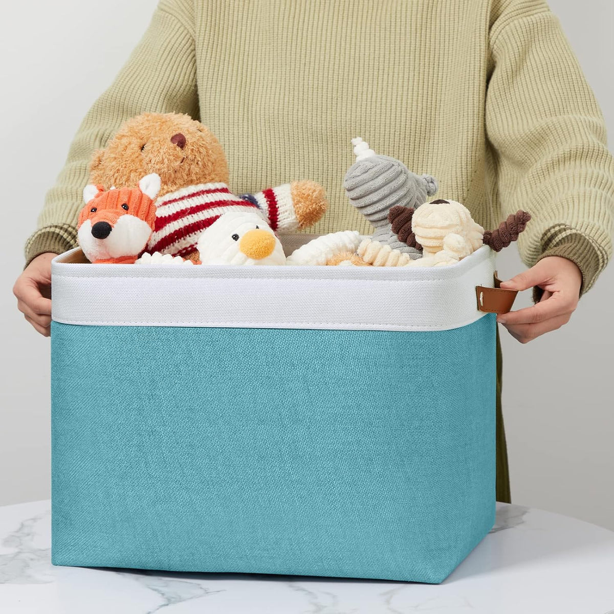 DULLEMELO Large Closet Storage Baskets Canvas Storage Baskets for Organizing 2 Pack Collapsible Home Organizer With Handles (White&Teal)