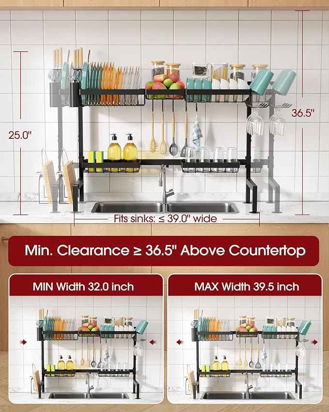 Over The Sink Dish Drying Rack - Adjustable 2 Tier X-Large Capacity Stainless Steel Drainer with Cutlery & Utensil Holders, Kitchen Storage & Organization, 32"-39.5" L x 12" W x 25" H, Black