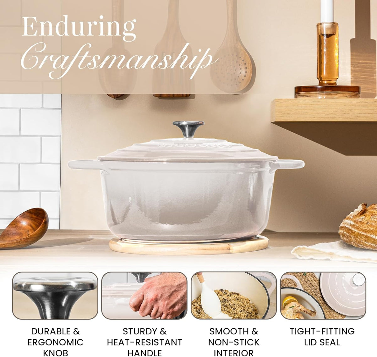Nuovva Enamelled Cast Iron Dutch Oven Pot with Lid 6.4 Quart Non Stick Casserole Pot – Heavy Duty & Oven Safe up to 500° F for Bread Baking, Braising, Stews, Roasting – 28cm Oyster