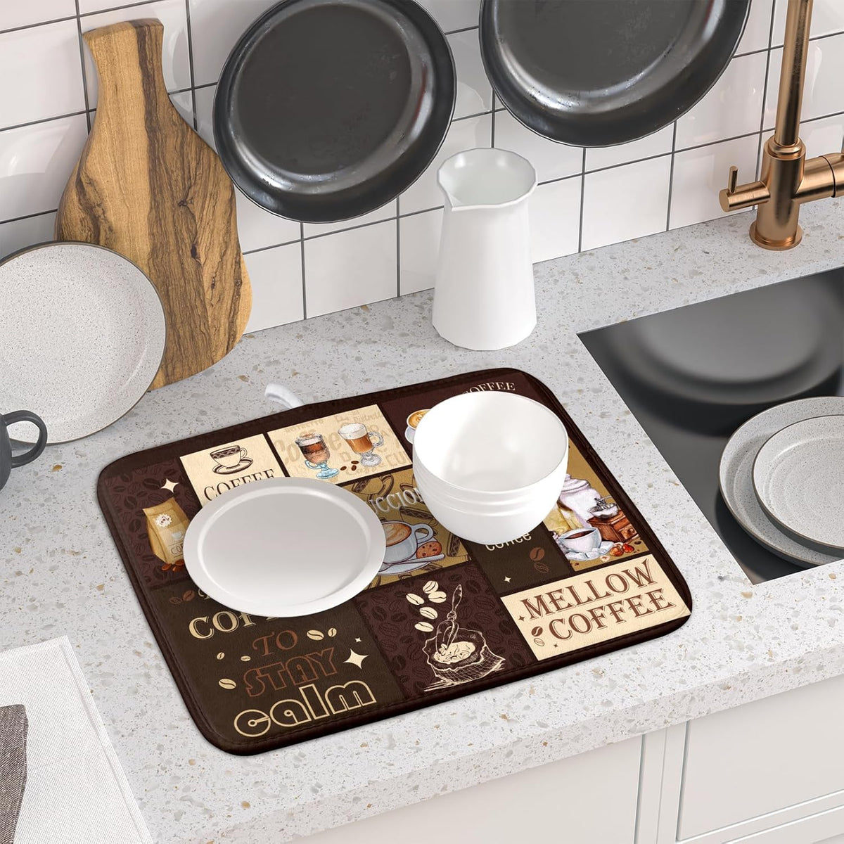 Brown Coffee Dish Drying Mat 16x18 Inch Coffee Cup Espresso Machine Pad Absorbent Washable Dish Rack Pad for Kitchen Counter Cafe Bar